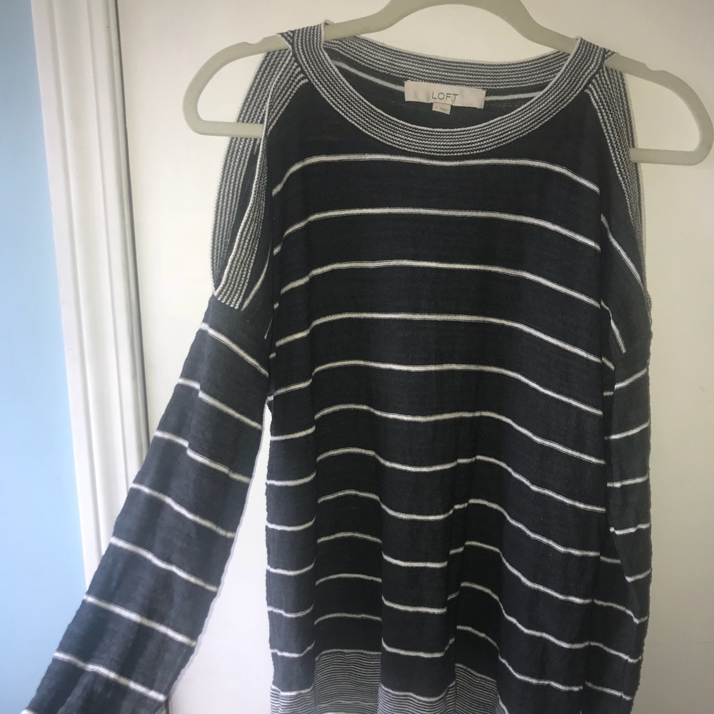 Green and white striped slit shoulder sweater
